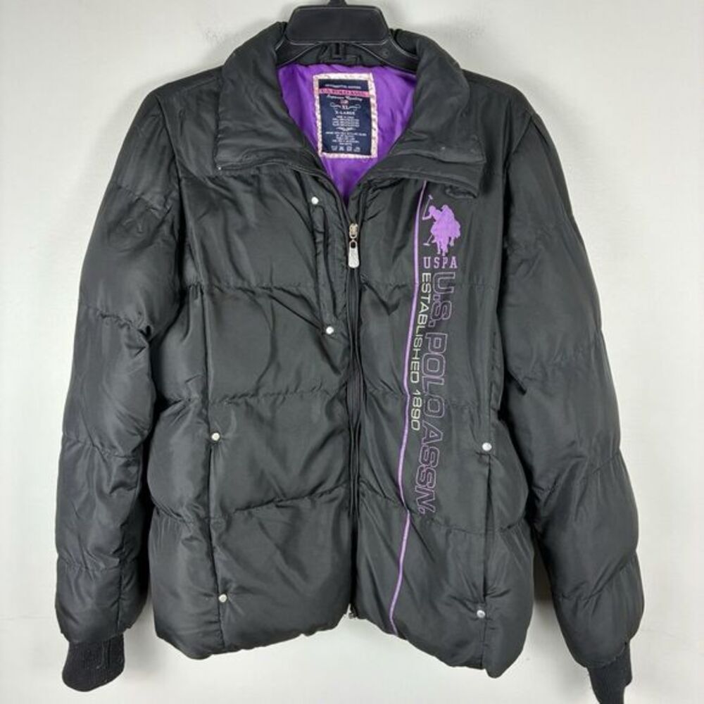 U.S. Polo‎ Assn Girls Puffer Coat Jacket Black Purple Quilted XL /16